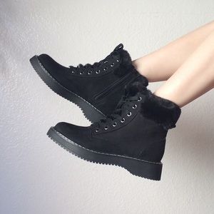 Black Combat Lace-Up Boots with Faux Fur Trim